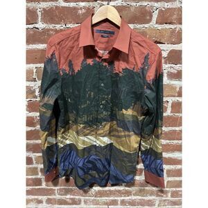 Perry Ellis Landscape Print Shirt Mens Trees Small Stretch Long Sleeve